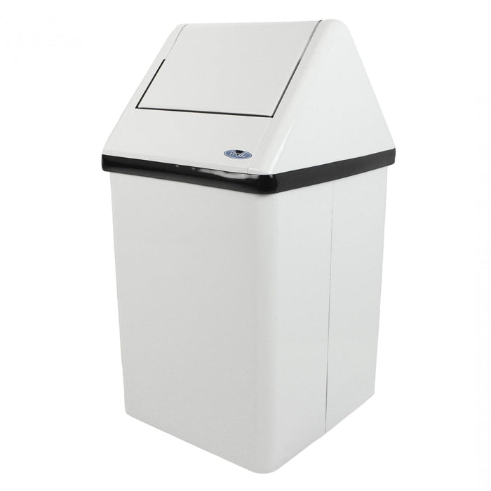 Front view of Frost 302NL swing top waste receptacle showing sleek stainless steel finish