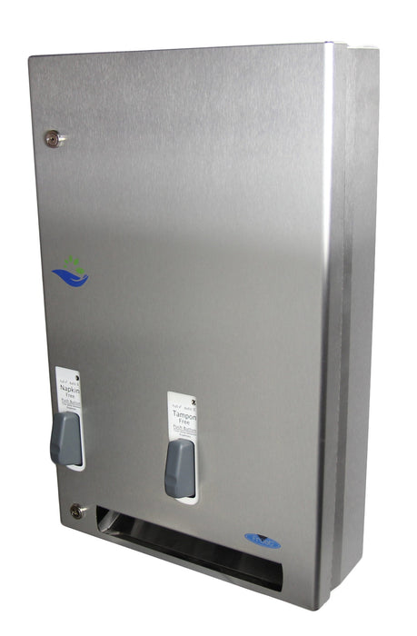 Frost 618-3-Free stainless steel push-button free napkin/tampon dispenser for commercial restrooms, ADA-compliant