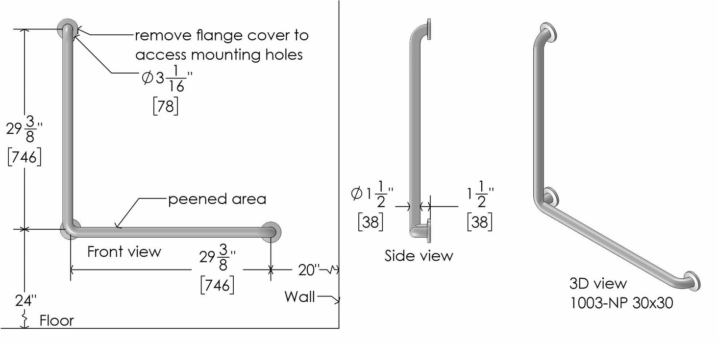 Durable peened finish stainless steel L-shaped grab bar with snap on flanges 30x30 inch