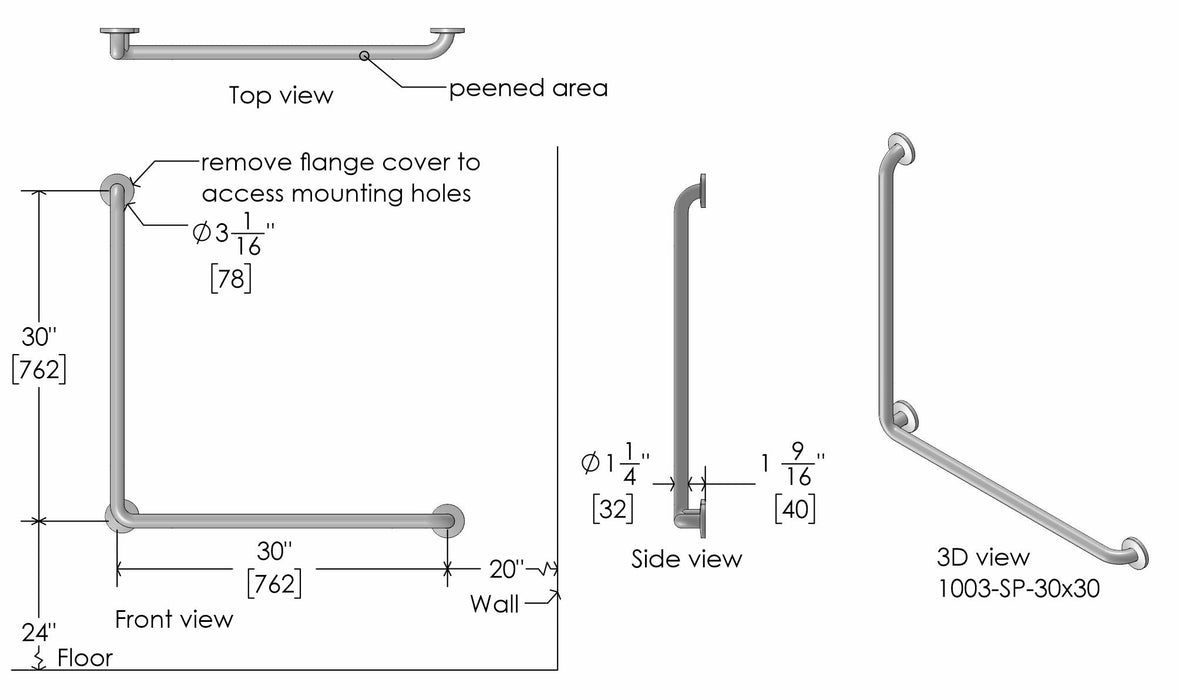 Durable peened finish stainless steel L-shaped grab bar with snap on flanges 30x30 inch