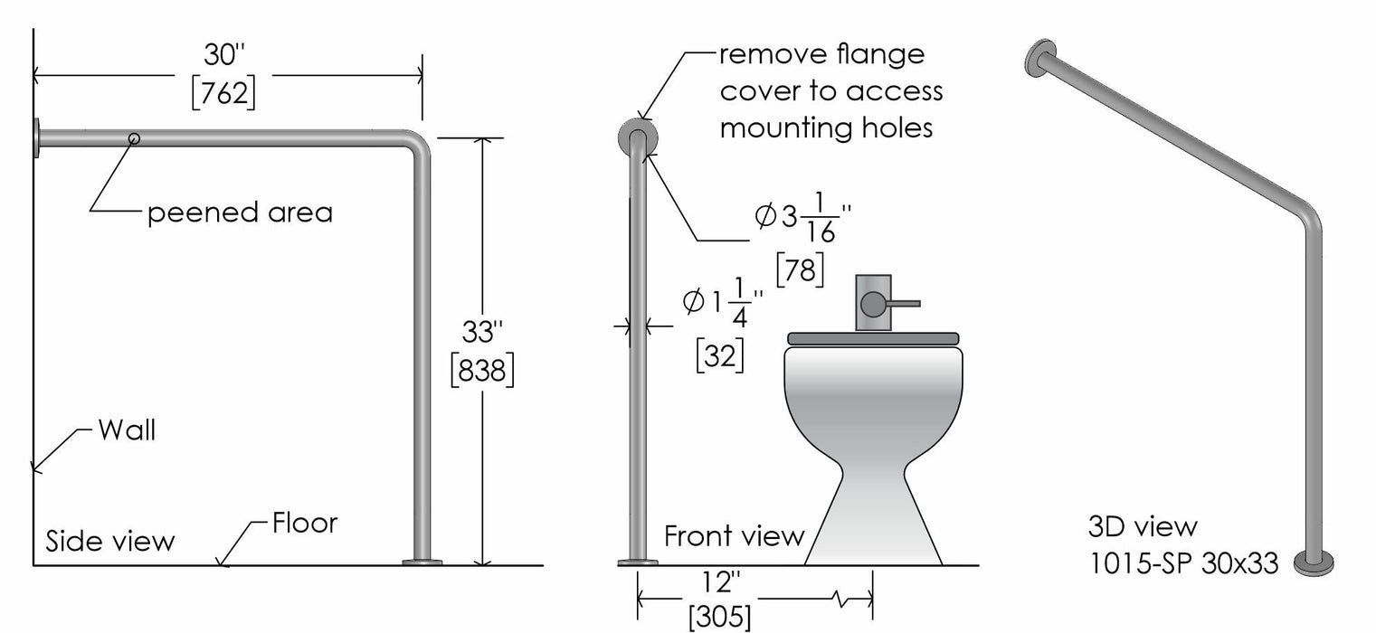 Durable peened finish stainless steel wall-to-floor grab bar with snap on flanges