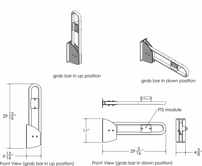 Durable stainless steel swing up grab bar with snap on flanges and lock positions