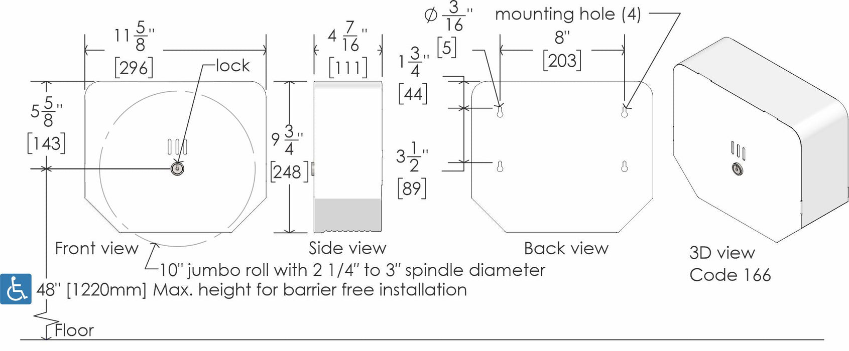 Frost 166 white steel jumbo toilet tissue dispenser technical drawing