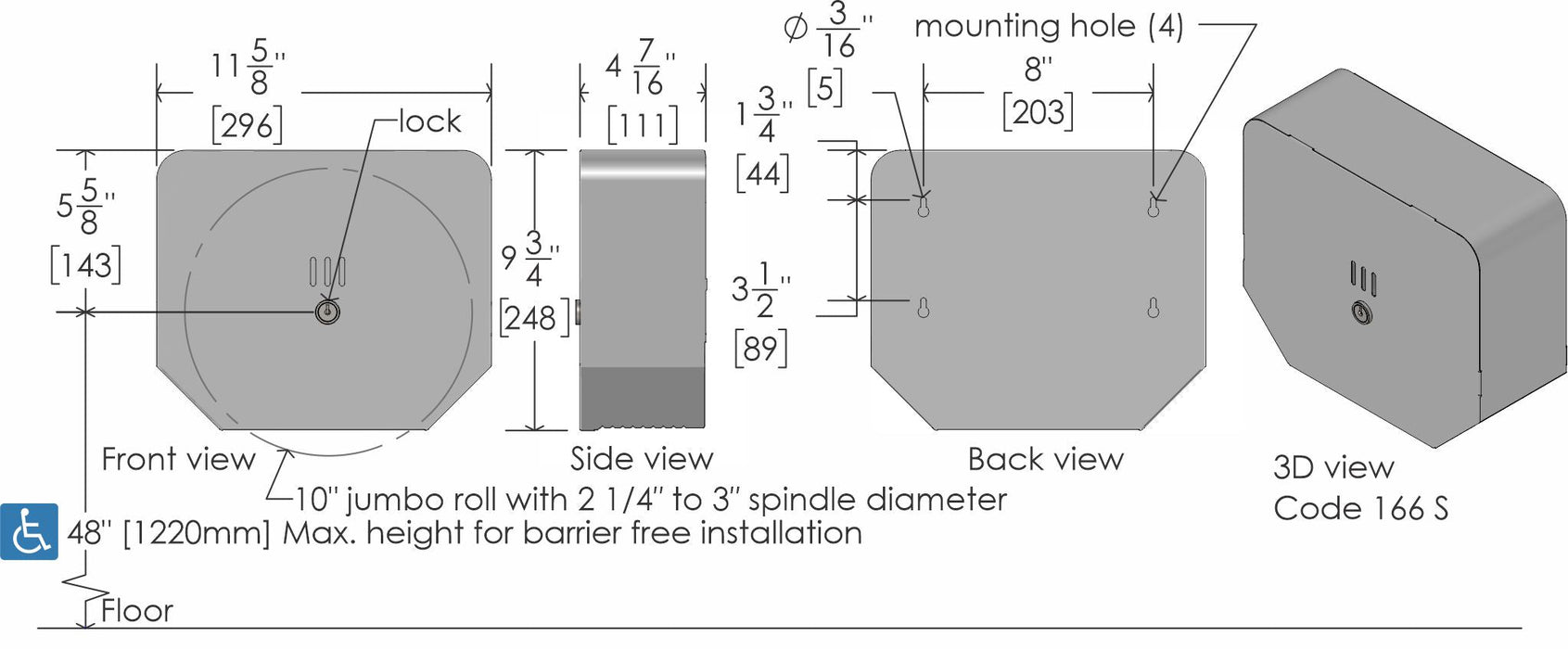 Frost 166-S stainless steel jumbo toilet tissue dispenser technical drawing