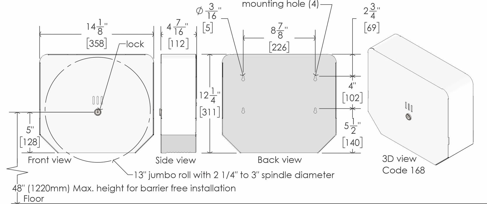 Frost 168 white steel double jumbo toilet tissue dispenser technical drawing