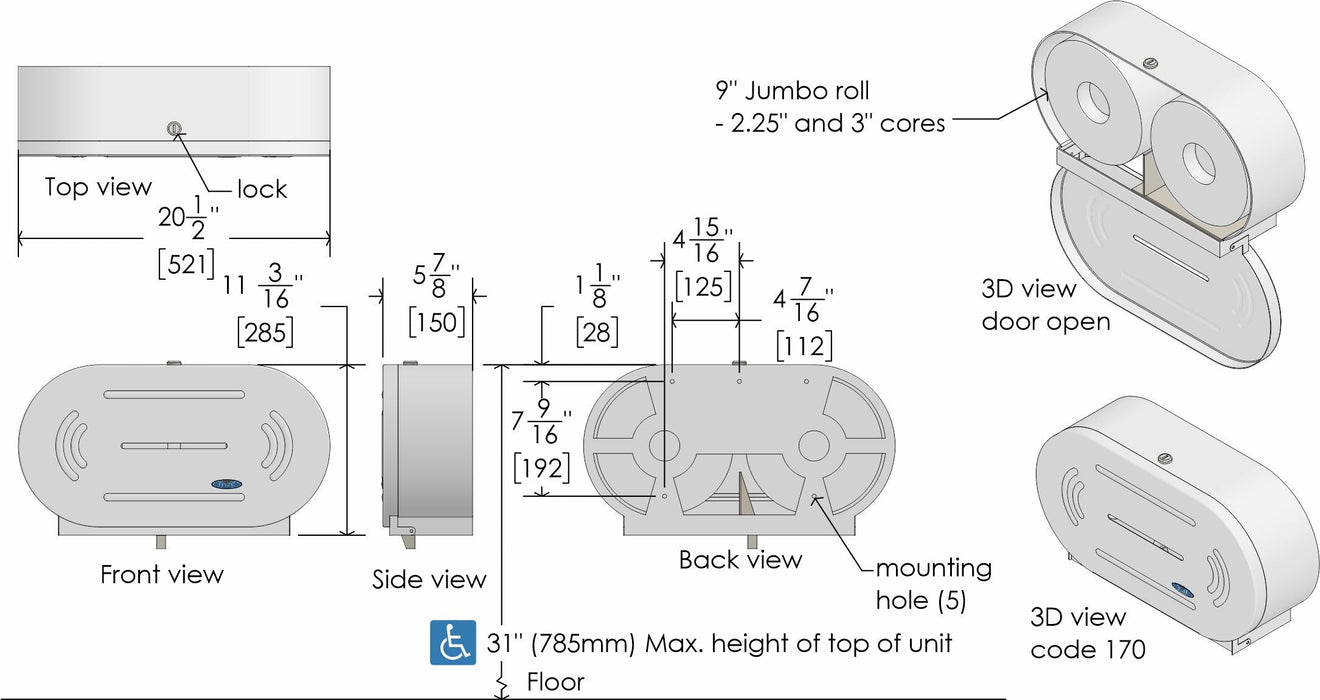 Frost 170 stainless steel vertical double jumbo toilet tissue dispenser technical drawing
