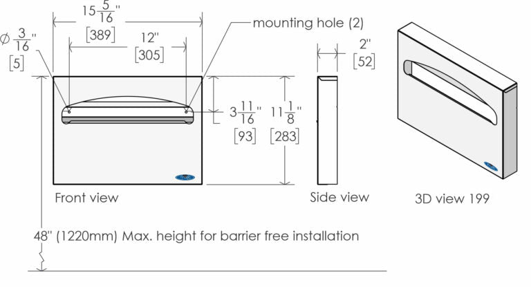 Frost 199-BLK matte black toilet seat cover dispenser technical drawing
