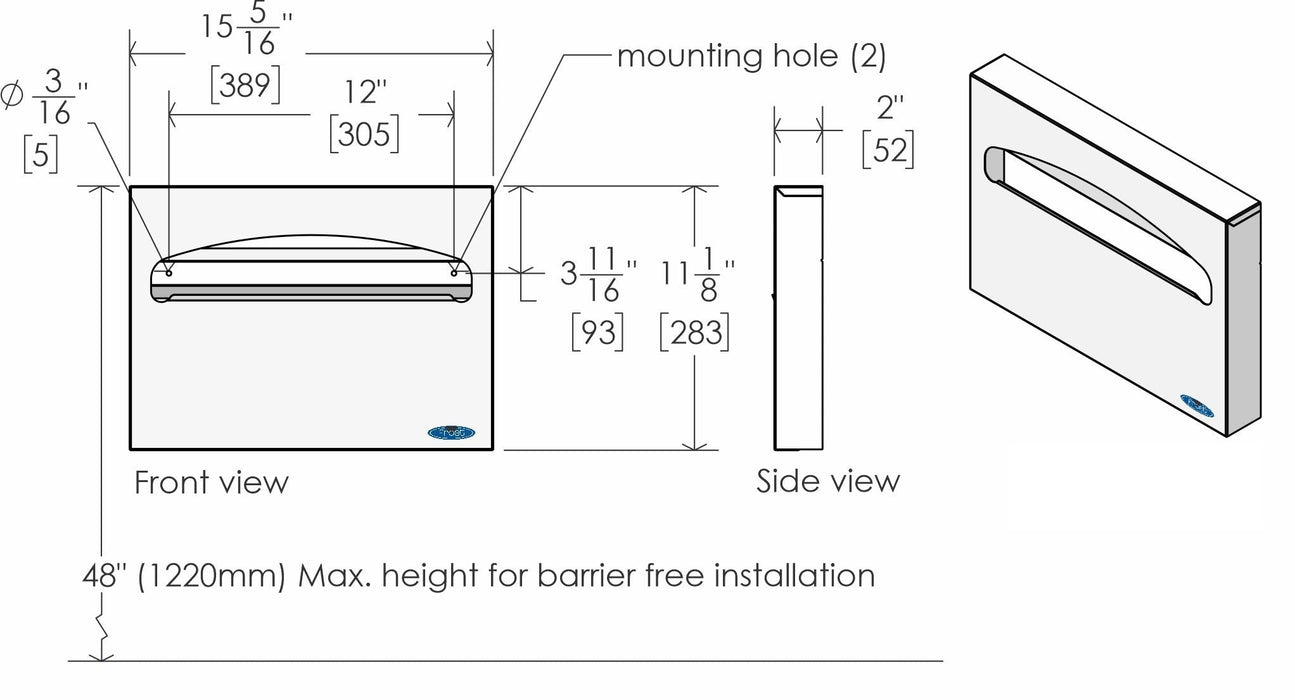 Frost 199-S stainless steel toilet seat cover dispenser technical drawing
