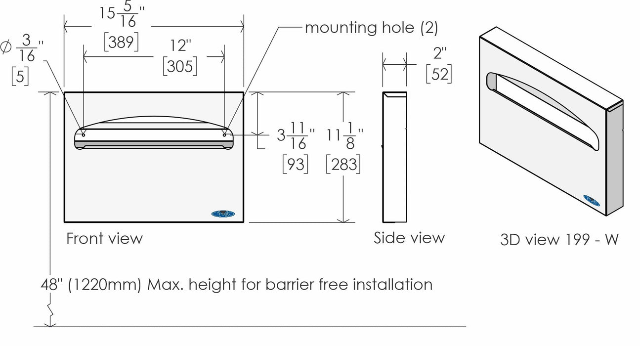 Frost 199-W white steel toilet seat cover dispenser technical drawing