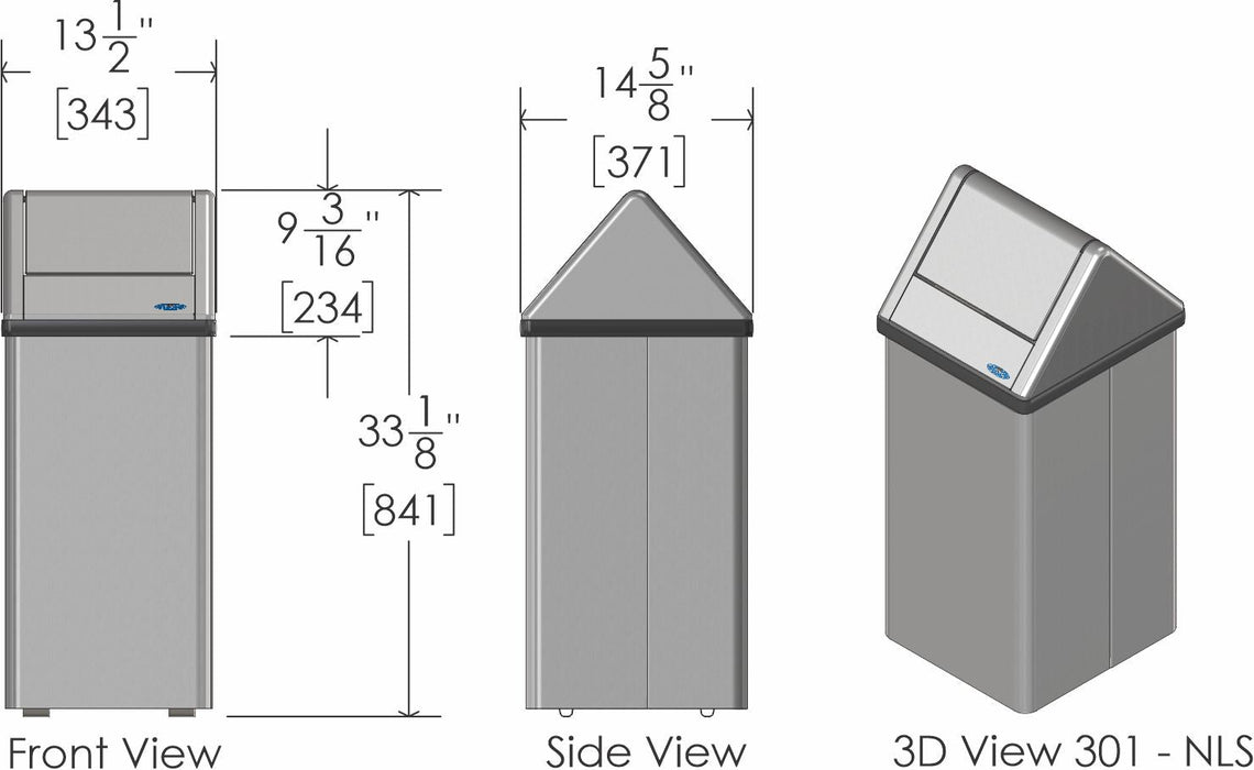 Top view showing removable swing lid of Frost 301NLS waste container