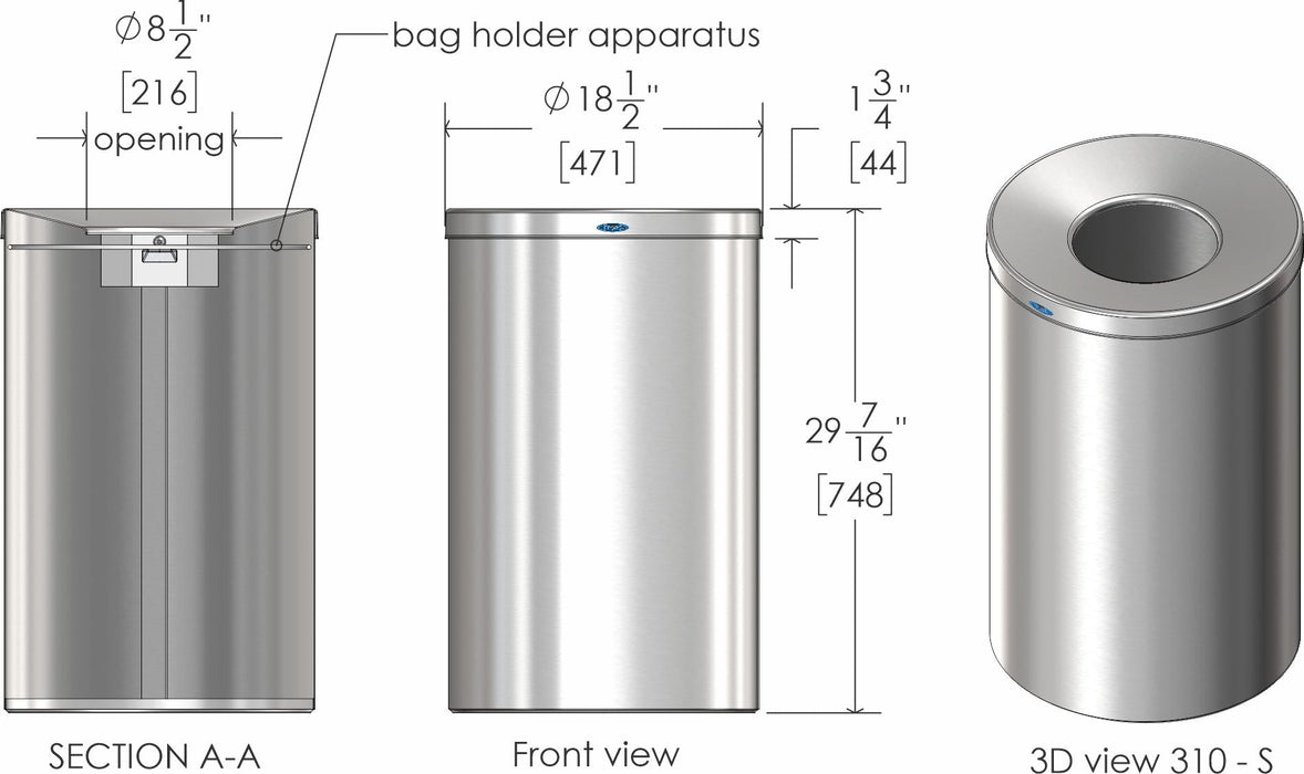 Technical drawing of Frost 310-S bin with dimensions