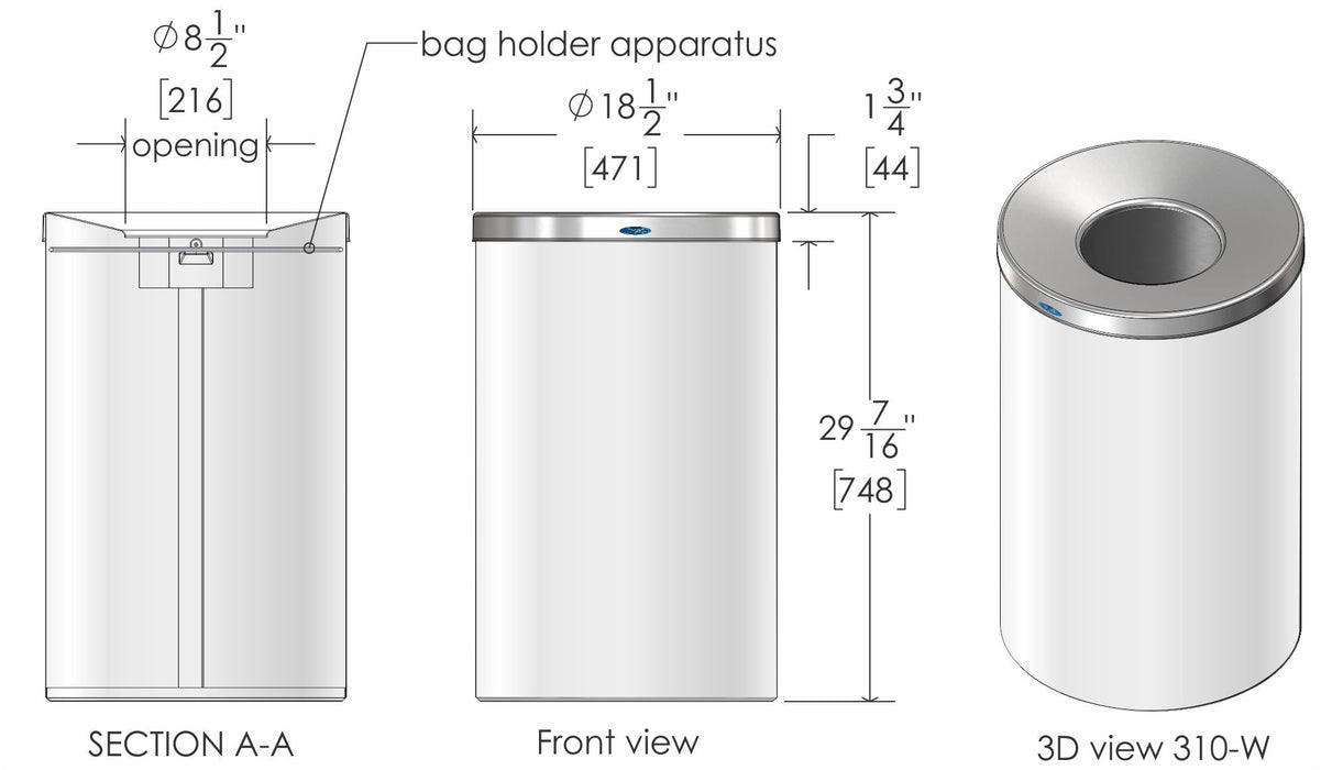 Technical drawing of Frost 310-W bin with dimensions