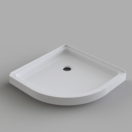 White Acritec round front shower base with patterned bottom in a modern bathroom installation
