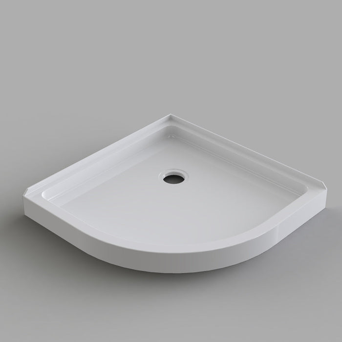 White Acritec round front shower base with patterned bottom in a modern bathroom installation