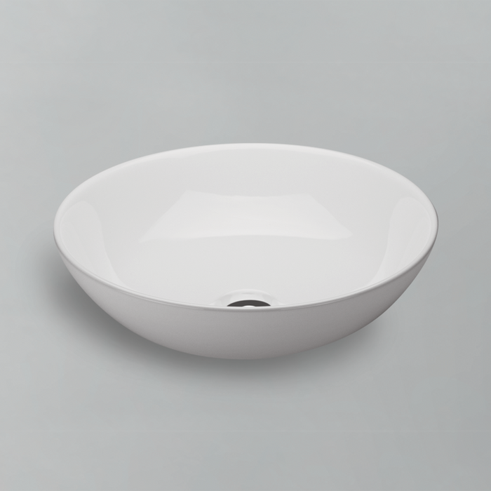 Side angle of Acritec 36402 round sink basin, highlighting 5-inch height and glossy finish