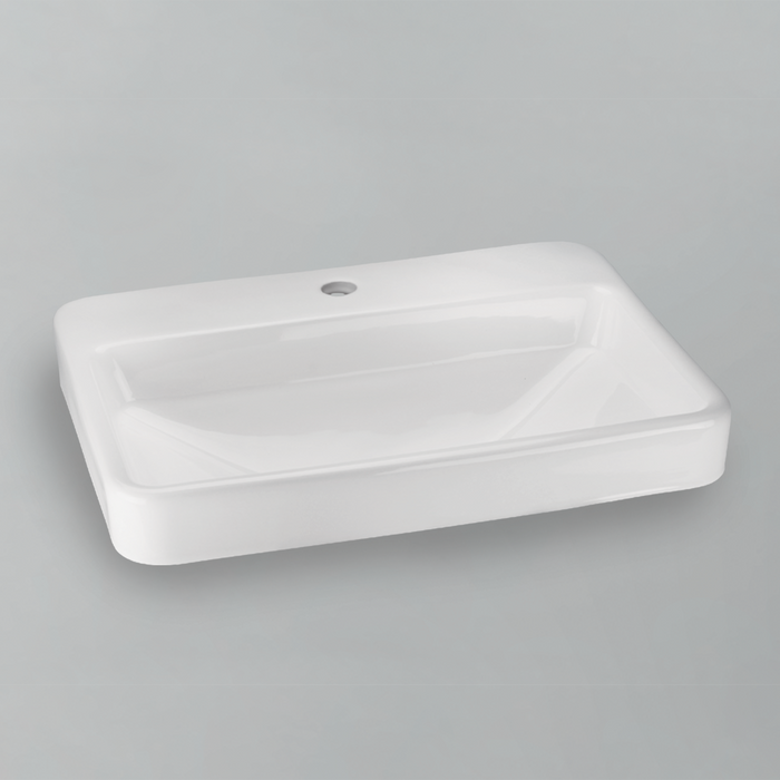 Acritec 36407 rectangular counter-top basin in white ceramic, full top view showing 23-inch by 17-inch bowl with overflow