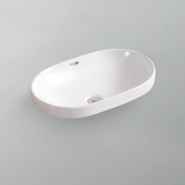 Acritec 36417L oval counter-top basin in white ceramic, full top view showing 23.875-inch by 15.75-inch bowl