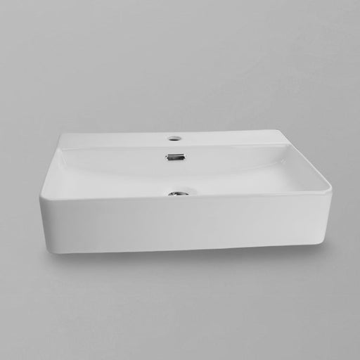 Acritec 36424 rectangular counter-top basin in white ceramic, full top view showing 23.5-inch by 17-inch bowl with sloped sides and rear faucet hole