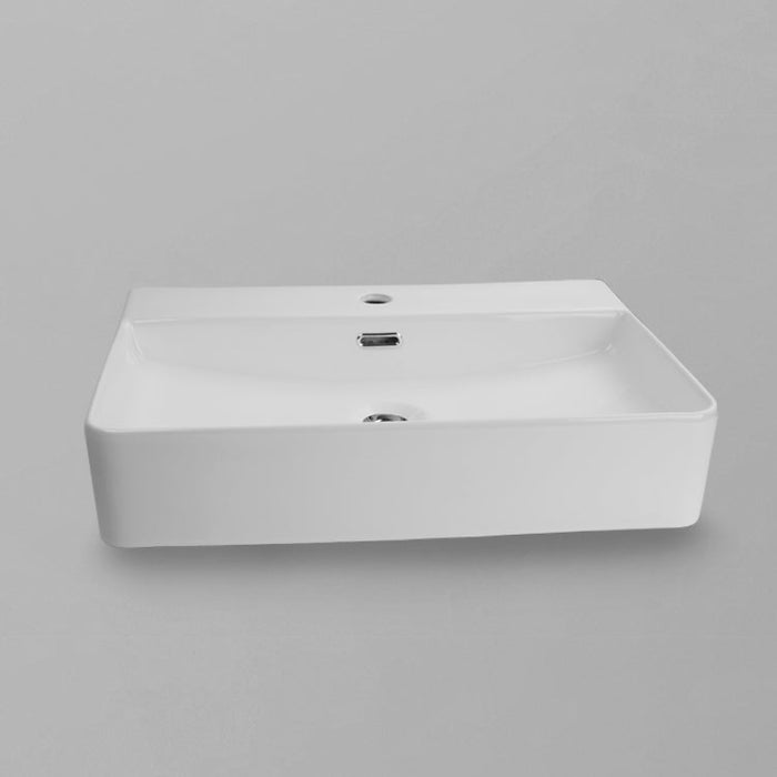 Acritec 36424 rectangular counter-top basin in white ceramic, full top view showing 23.5-inch by 17-inch bowl with sloped sides and rear faucet hole