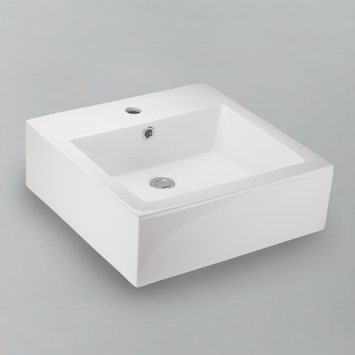 Acritec 36511 square counter-top basin in white ceramic, full top view showing 18.5-inch by 18.5-inch bowl with single faucet hole