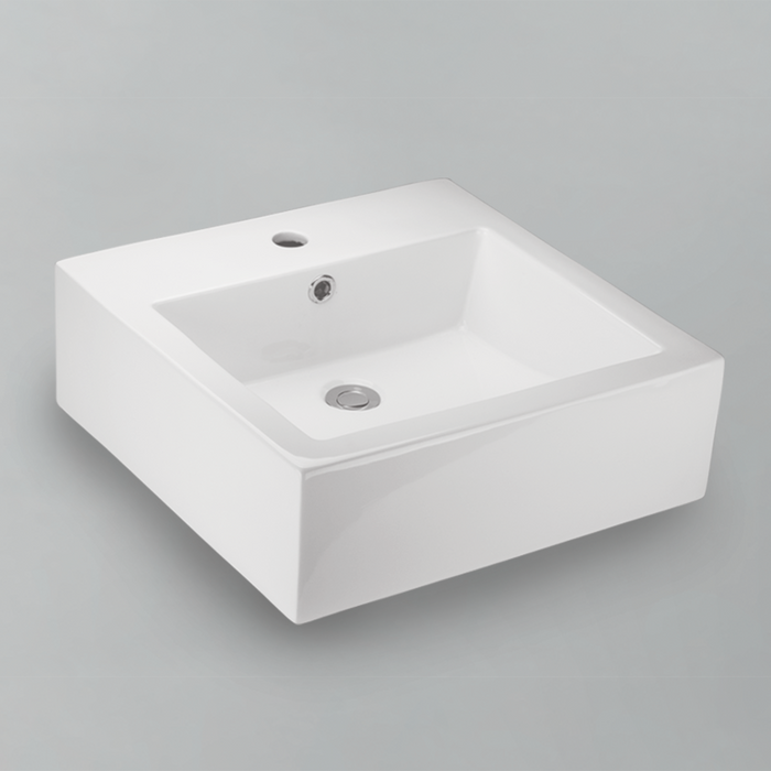 Acritec 36511 square counter-top basin in white ceramic, full top view showing 18.5-inch by 18.5-inch bowl with single faucet hole