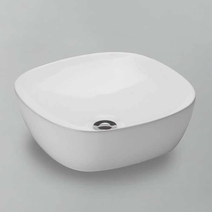 Acritec 36644 oval counter-top basin in white ceramic, full top view showing 14.625-inch by 14.625-inch bowl