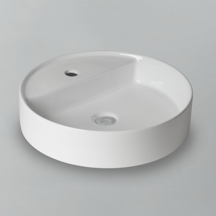 Acritec 36653 circular counter-top basin in white ceramic, full top view showing 17.75-inch diameter bowl