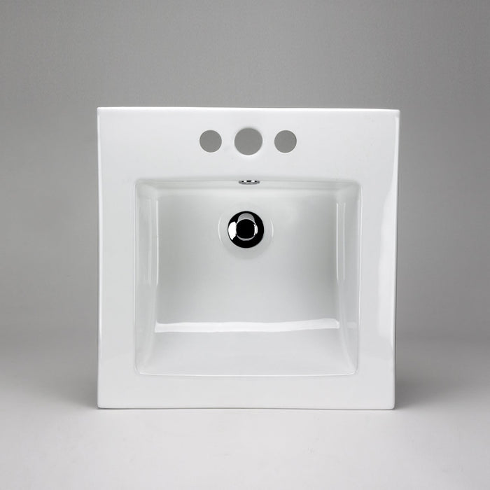 White square Acritec drop-in ceramic basin with scooped front and 4-inch centerset faucet holes on a stylish vanity