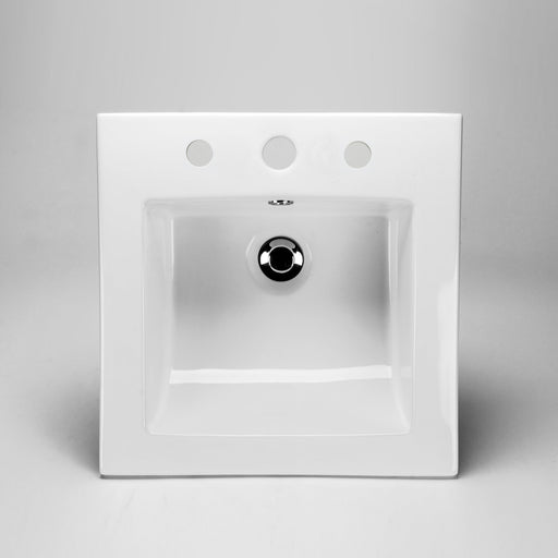 White square Acritec drop-in ceramic basin with scooped front and 8-inch widespread faucet holes on a luxury vanity