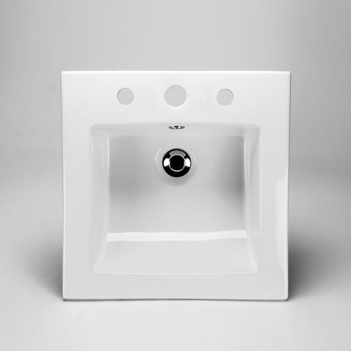 White square Acritec drop-in ceramic basin with scooped front and 8-inch widespread faucet holes on a luxury vanity