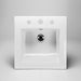 White square Acritec drop-in ceramic basin with scooped front and 8-inch widespread faucet holes on a luxury vanity