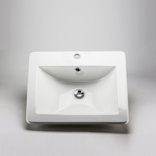 White square Acritec drop-in ceramic basin with scooped front and sides on a spacious vanity countertop