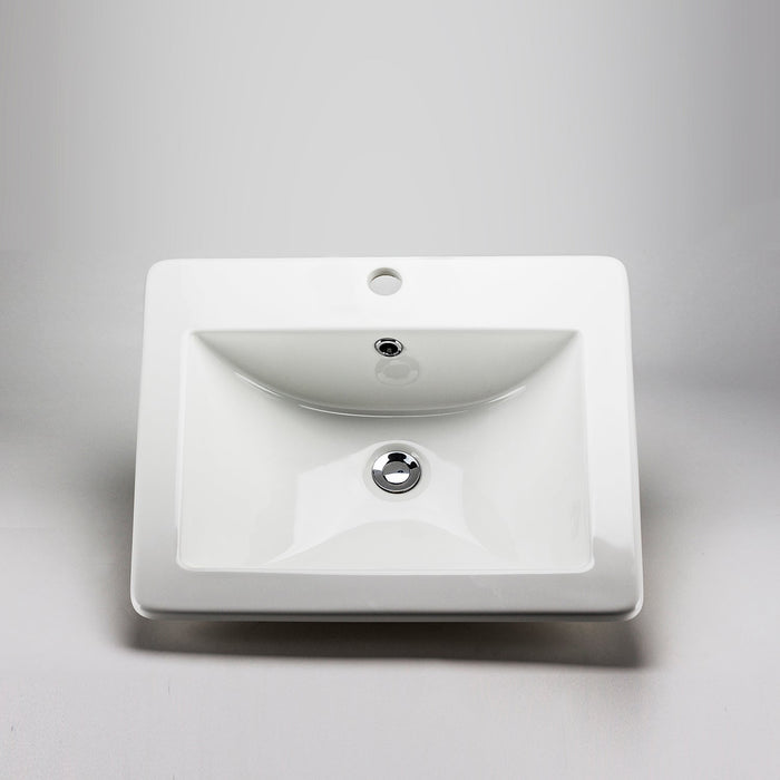 White square Acritec drop-in ceramic basin with scooped front and sides on a spacious vanity countertop