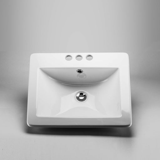 White square Acritec drop-in ceramic basin with scooped front and sides and 4-inch centerset holes on a modern vanity