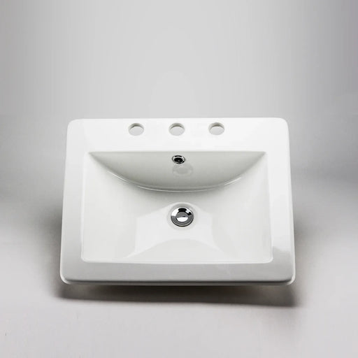 White square Acritec drop-in ceramic basin with scooped front and sides and 8-inch widespread holes on a premium vanity surface