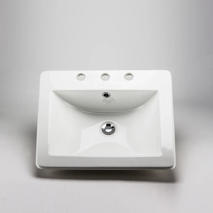 White square Acritec drop-in ceramic basin with scooped front and sides and 8-inch widespread holes on a premium vanity surface