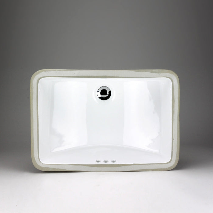 White rectangular Acritec undermount ceramic basin with curved bottom installed under a unique countertop
