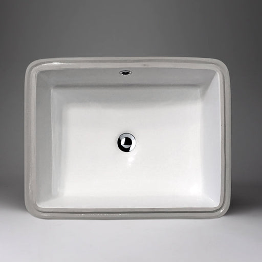 White rectangular Acritec undermount ceramic basin installed under a modern countertop surface