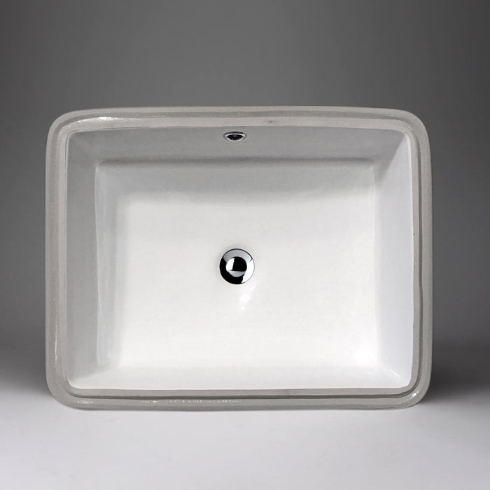 White rectangular Acritec undermount ceramic basin installed under a modern countertop surface