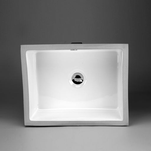 White rectangular Acritec undermount ceramic basin with flat bottom under a contemporary countertop