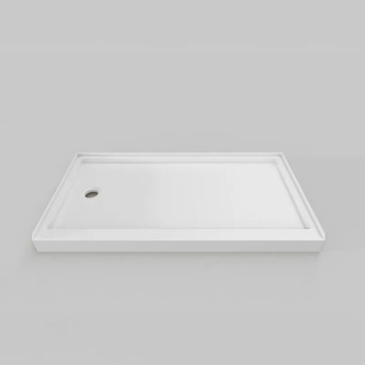 White Acritec low profile single threshold shower base with end drain (LH) in a modern alcove installation
