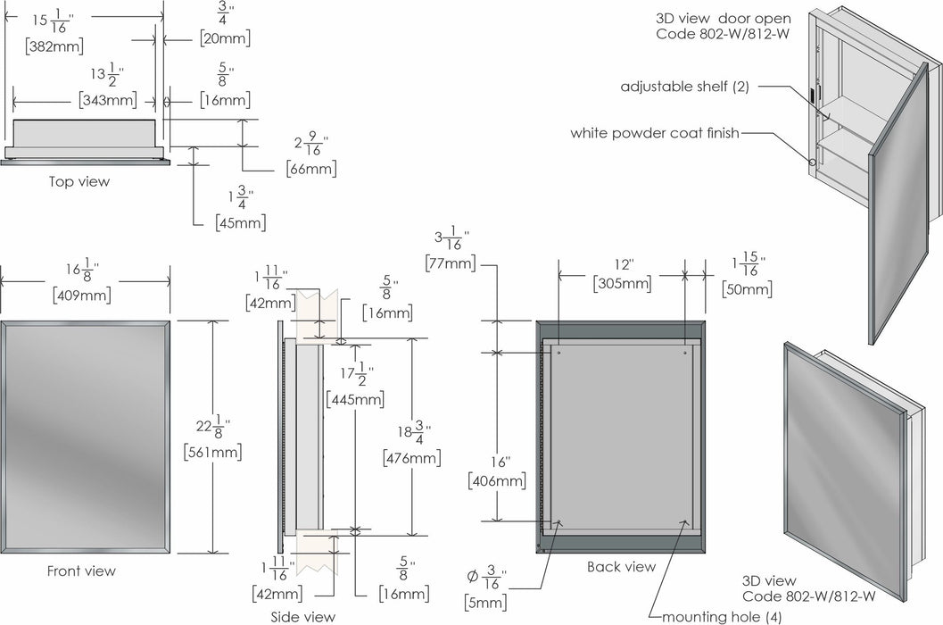 Detail of adjustable glass shelves and magnetic catch in Frost 812-W institutional cabinet