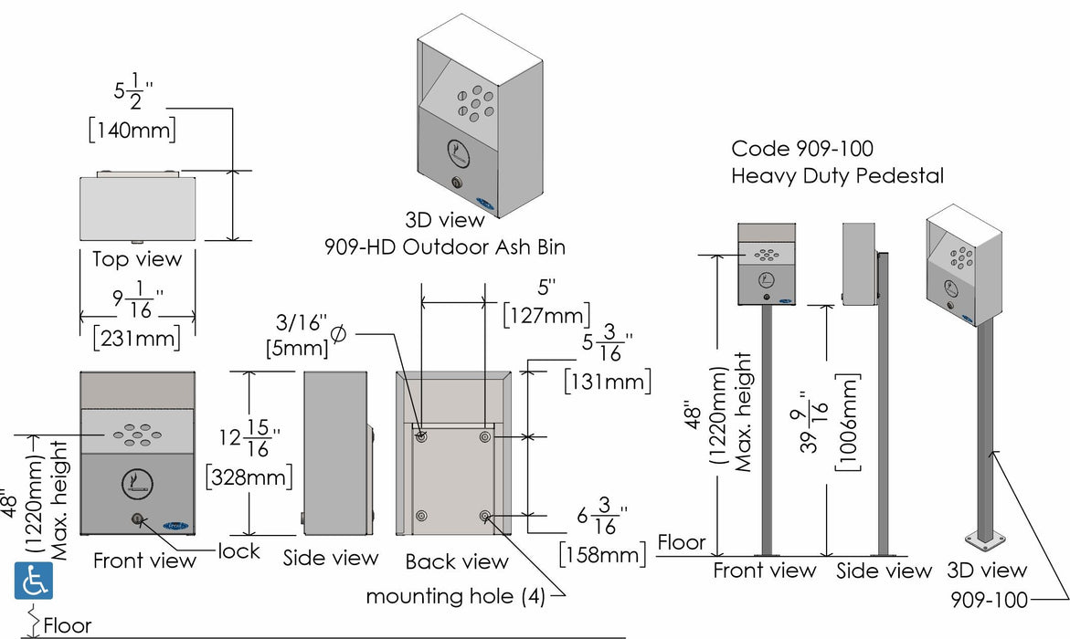 Detail of baffle opening and brushed stainless finish on Frost 909 high-traffic ash bin