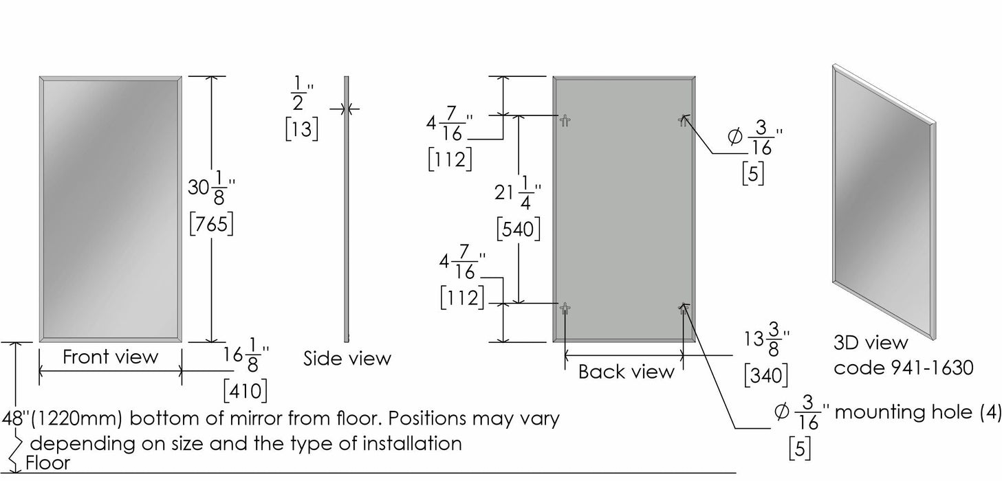 Detail of shock resistant back and rigid assembly on Frost 941 institutional mirror