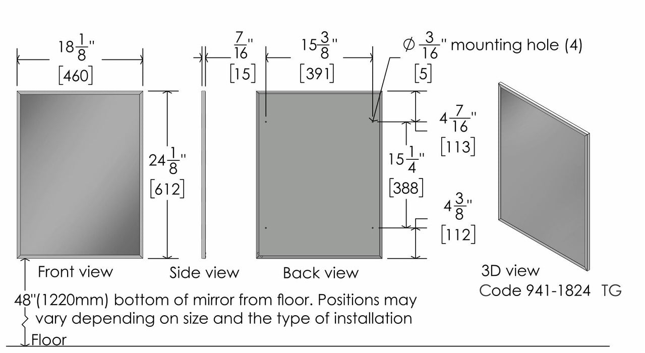 Detail of shock resistant back and fixed tilt option on Frost 941-TG institutional mirror
