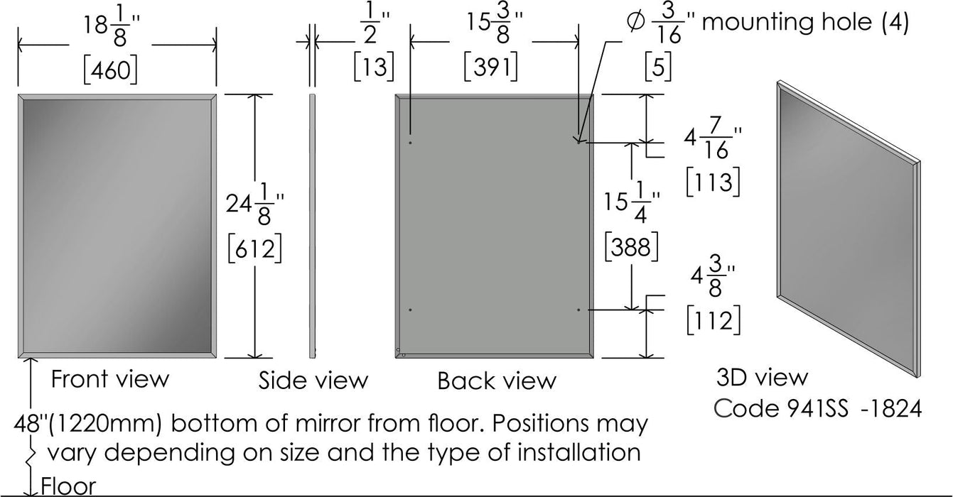 Detail of XL buff stainless steel finish on Frost 941-SS institutional mirror