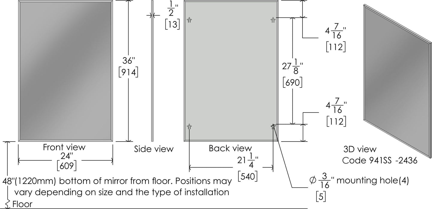 Detail of XL buff stainless steel finish on Frost 941-SS institutional mirror