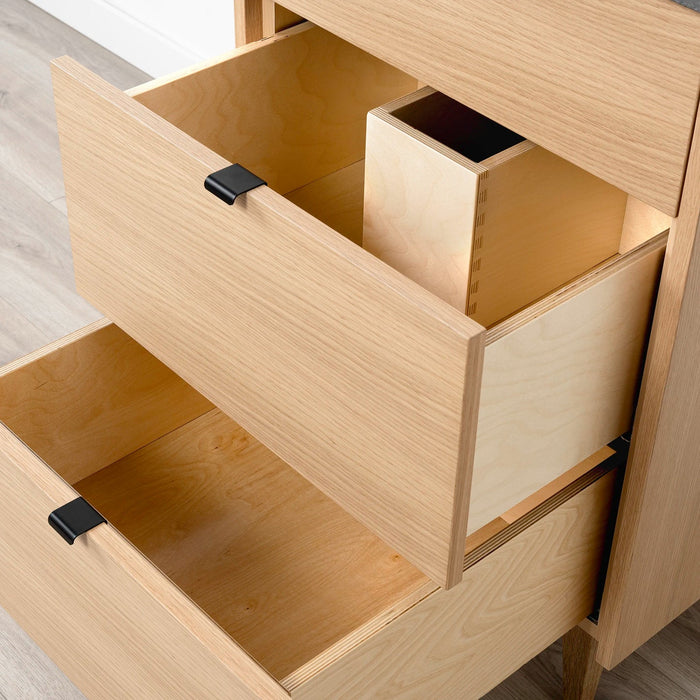 Ashbury 24" White Oak Vanity – second drawer interior with Concrete Grey quartz top and black pulls.