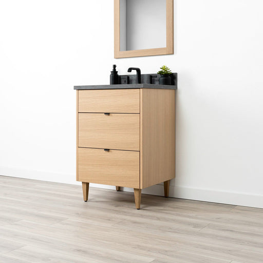 Ashbury 24 Inch White Oak Bathroom Vanity with Concrete Grey Quartz Top and Black Pulls – Right Sink – Handmade in Canada