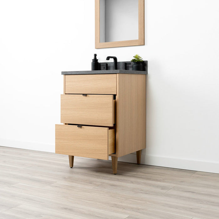 Ashbury 24" White Oak Vanity – angled open view with Concrete Grey quartz top and black pulls.